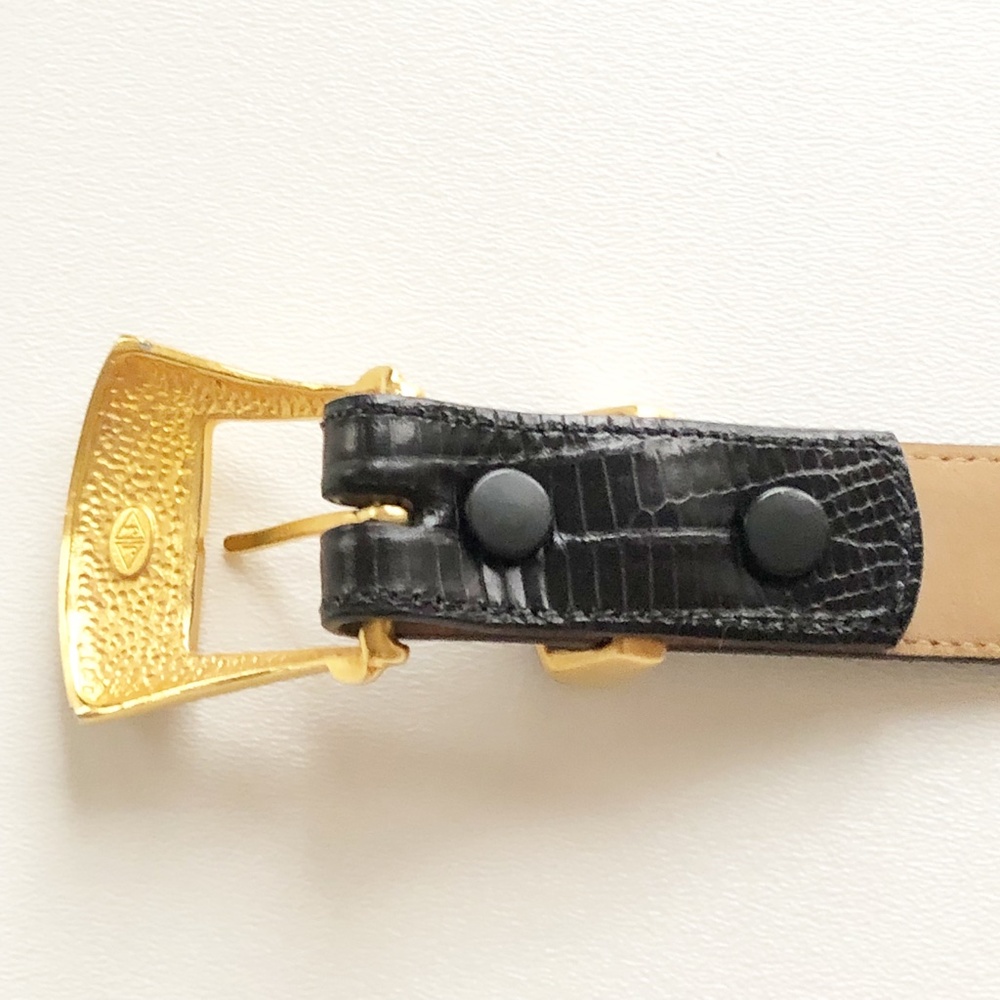 Vtg Judith Jack Gold Tone Buckle w/ Marcasites Black Leather Belt Lizard Sz Sm - Picture 7 of 14